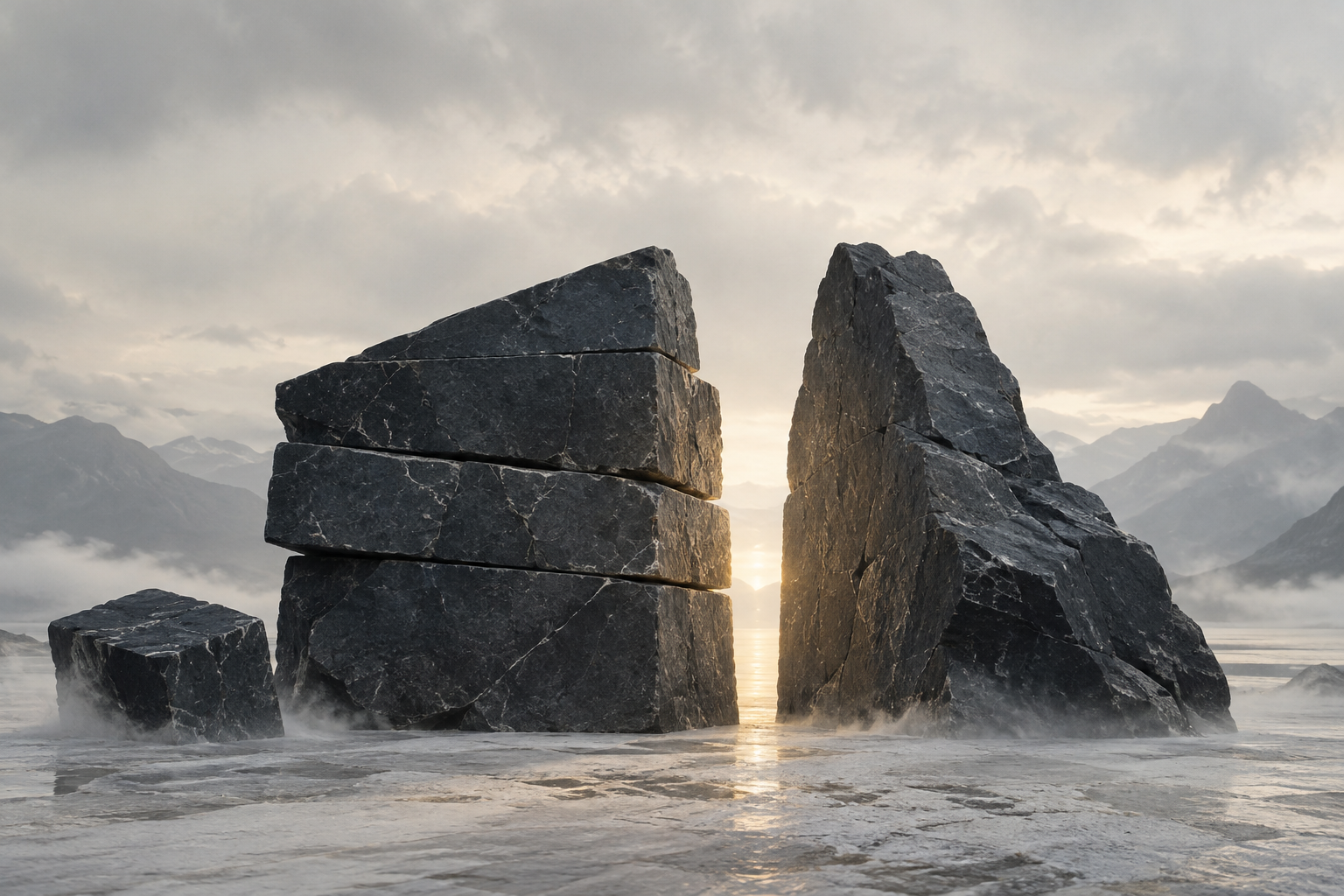 Separate dark stone forms facing across a narrow line of warm light