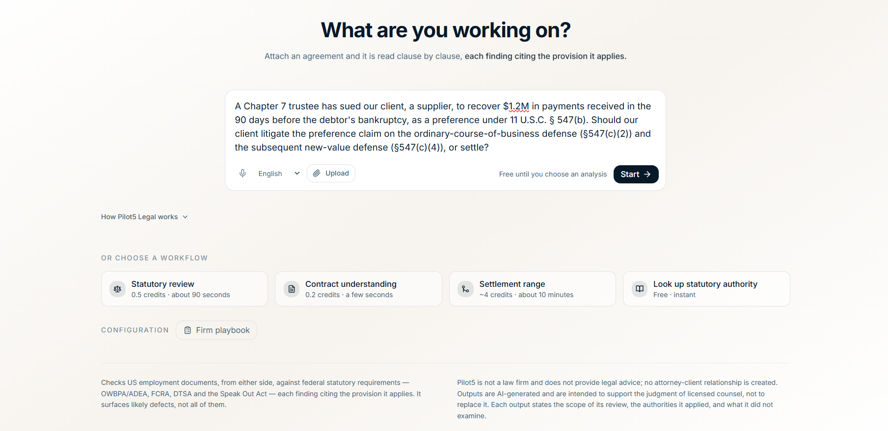 The front of the real Pilot5 Legal console, showing its matter composer and legal workflows